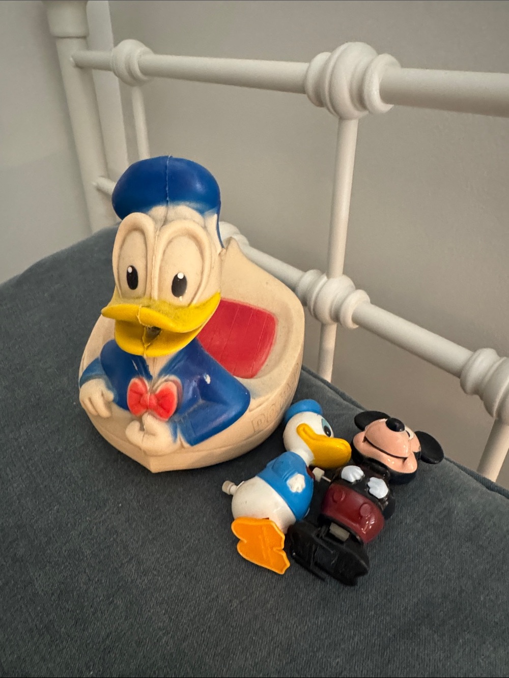 Donald Duck Ride-On Figure Toy in Blue and Yellow 1950’s with two bonus toys